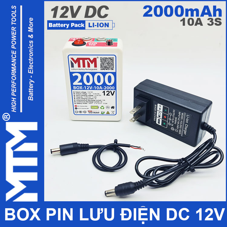 Box pin sạc 12V 2.0Ah 10A 3S Lithium-ion MTM – jack nguồn DC 5.5x21mm kèm sạc