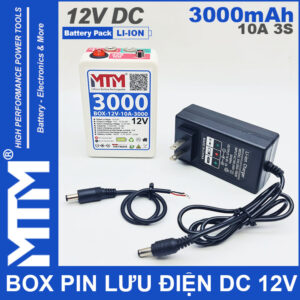 Box pin sạc 12V 3.0Ah 10A 3S Lithium-ion MTM – jack nguồn DC 5.5x21mm kèm sạc