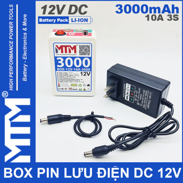 Box pin sạc 12V 3.0Ah 10A 3S Lithium-ion MTM – jack nguồn DC 5.5x21mm kèm sạc
