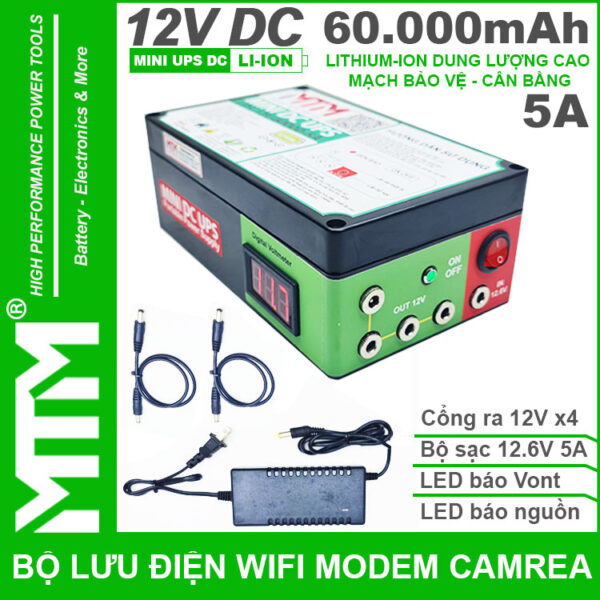 Bộ lưu điện wifi modem camera khóa cửa từ đèn quạt DC 12V 60Ah 5A MTM – Mini UPS DC 12V