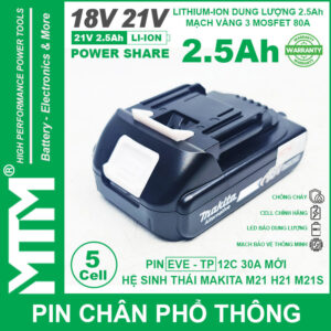 Pin chân phổ thông Makita 18V 2.5Ah 5 cell Lithum ion - mạch bảo vệ 5S 80A led báo pin