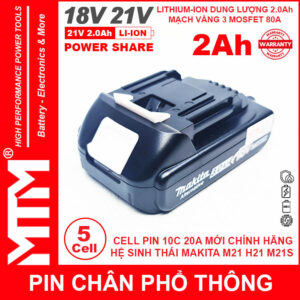 Pin chân phổ thông Makita 18V 2Ah 5 cell Lithum ion - mạch bảo vệ 5S 80A led báo pin