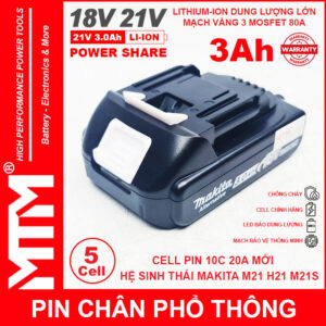 Pin chân phổ thông Makita 18V 3Ah 5 cell Lithum ion - mạch bảo vệ 5S 80A led báo pin