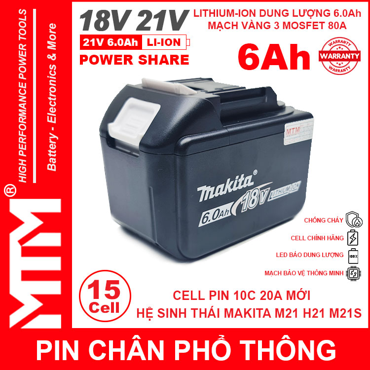 Pin chân phổ thông Makita 18V 6Ah 15 cell Lithum-ion - mạch bảo vệ 5S 80A led báo pin 2 pin chan pho thong M21 Hukan Makita18V 21V 6AH 15 CELL LISHEN