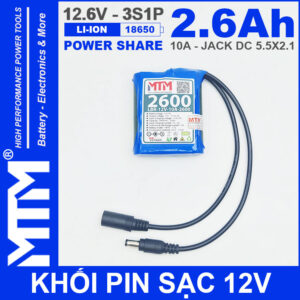 Khối pin sạc 12V 2.6Ah 10A 3S Lithium-ion MTM – jack nguồn DC 5.5x21mm