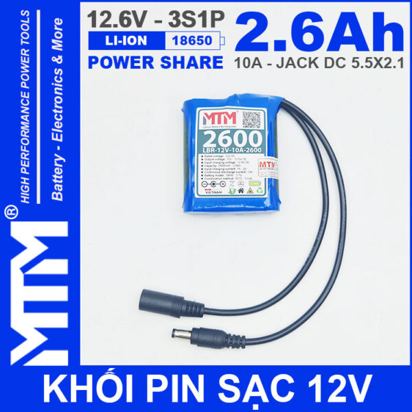 Khối pin sạc 12V 2.6Ah 10A 3S Lithium-ion MTM – jack nguồn DC 5.5x21mm