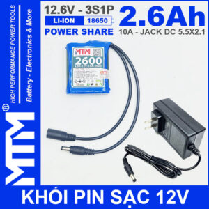 Khối pin sạc 12V 2.6Ah 10A 3S Lithium-ion MTM – jack nguồn DC 5.5x21mm kèm sạc