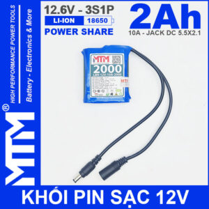 Khối pin sạc 12V 2Ah 10A 3S Lithium-ion MTM – jack nguồn DC 5.5x21mm