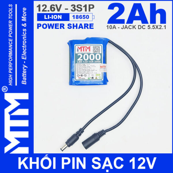 Khối pin sạc 12V 2Ah 10A 3S Lithium-ion MTM – jack nguồn DC 5.5x21mm