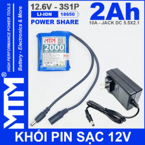 Khối pin sạc 12V 2Ah 10A 3S Lithium-ion MTM – jack nguồn DC 5.5x21mm kèm sạc