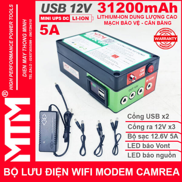 Bộ lưu điện wifi modem camera khóa cửa từ đèn quạt DC USB 12V 31200mAh 5A MTM - Mini UPS DC USB 12V 3