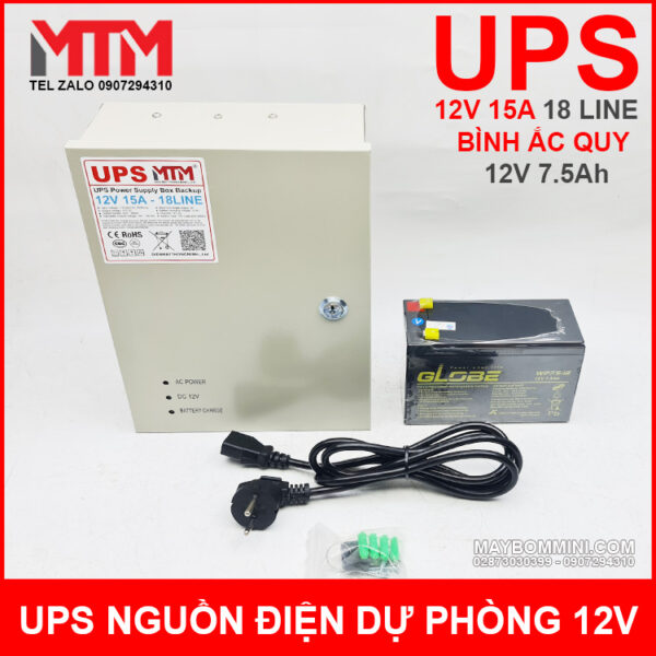 Box UPS nguồn điện dự phòng 12V 15A 18CH kèm ắc quy 12V 7.5Ah 3