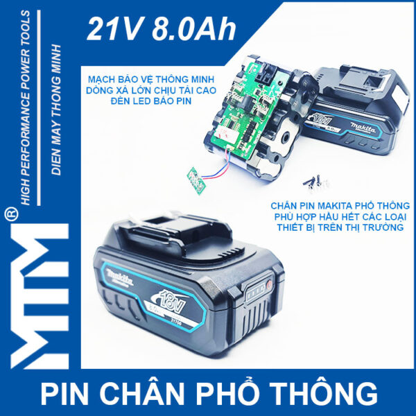 Pin chân phổ thông Makita 18V 21V 8Ah 10 cell mạch 80A led báo pin - Cell Lishen 21700 4