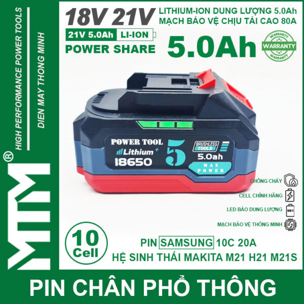 Pin chân phổ thông Makita 18V 21V 5.0Ah 10 cell mạch 80A led báo pin chống sốc - Cell Samsung 25R 7