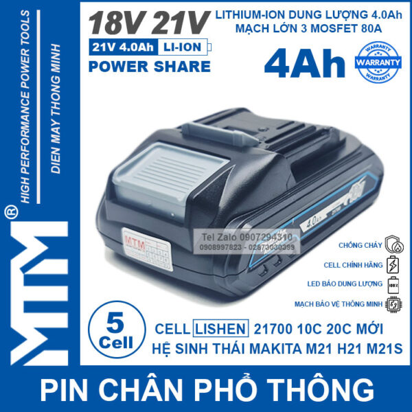 Pin chân phổ thông Makita 18V 21V 4Ah 5 cell mạch 80A led báo pin - Cell Lishen 21700 3