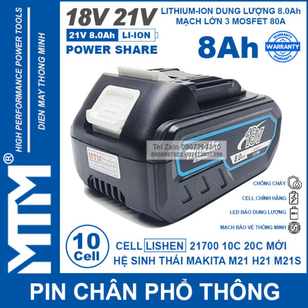 Pin chân phổ thông Makita 18V 21V 8Ah 10 cell mạch 80A led báo pin - Cell Lishen 21700 3