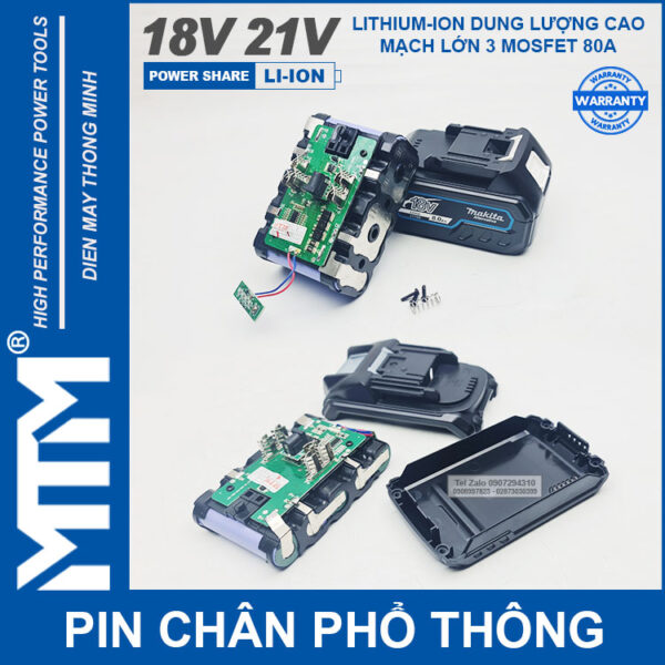 Pin chân phổ thông Makita 18V 21V 4Ah 5 cell mạch 80A led báo pin - Cell Lishen 21700 6