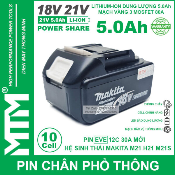 Pin chân phổ thông Makita 18V 21V 5.0Ah 10 cell mạch 80A led báo pin - Cell EVE 25P 3