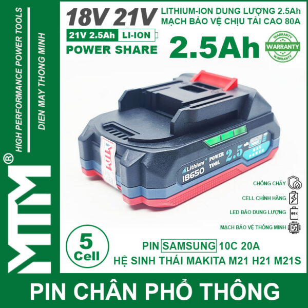 Pin chân phổ thông Makita 18V 21V 2.5Ah 5 cell mạch 80A led báo pin chống sốc - Cell Samsung 25R 7