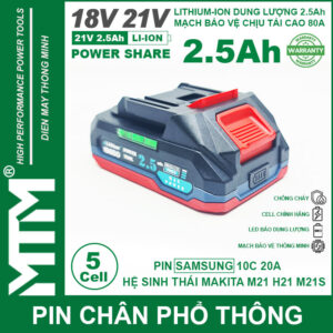 Pin chân phổ thông Makita 18V 21V 2.5Ah 5 cell mạch 80A led báo pin chống sốc - Cell Samsung 25R 17