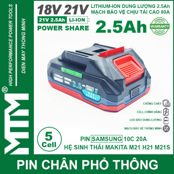 Pin chân phổ thông Makita 18V 21V 2.5Ah 5 cell mạch 80A led báo pin chống sốc - Cell Samsung 25R 6