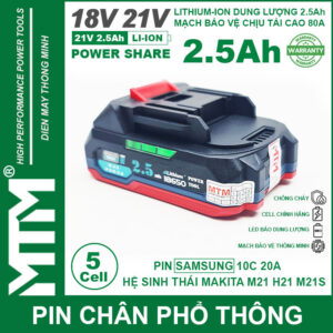 Pin chân phổ thông Makita 18V 21V 2.5Ah 5 cell mạch 80A led báo pin chống sốc - Cell Samsung 25R 16