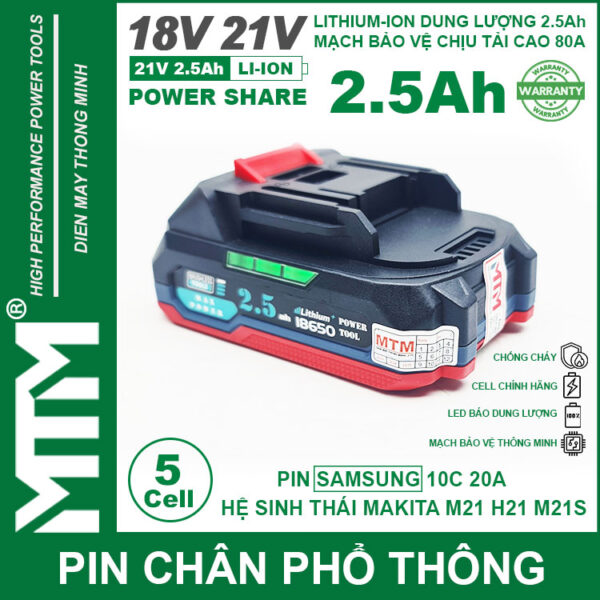 Pin chân phổ thông Makita 18V 21V 2.5Ah 5 cell mạch 80A led báo pin chống sốc - Cell Samsung 25R 5