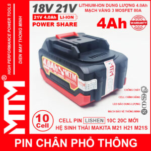 Pin chân phổ thông Makita 18V 21V 4Ah 10cell mạch 80A led báo pin chống sốc - Cell LISHEN 15