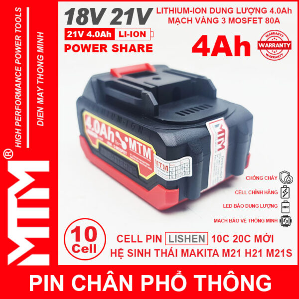 Pin chân phổ thông Makita 18V 21V 4Ah 10cell mạch 80A led báo pin chống sốc - Cell LISHEN 5