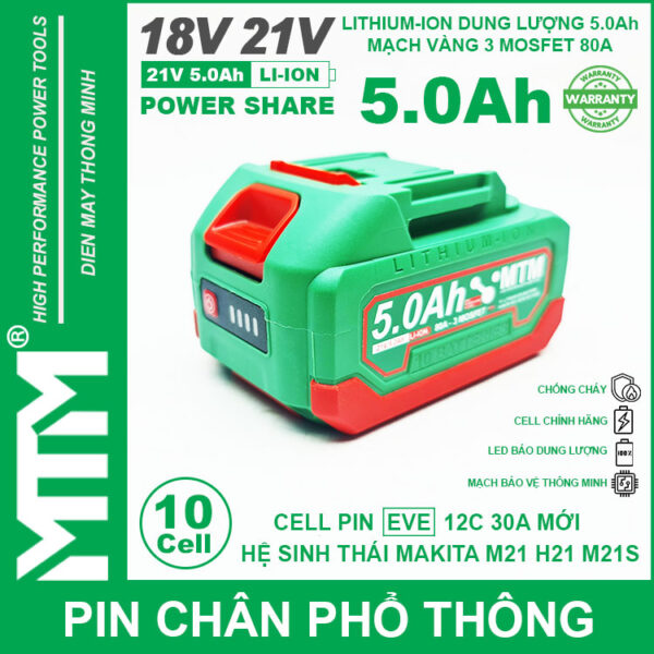 Pin chân phổ thông Makita 18V 21V 5.0Ah 10 cell mạch 80A led báo pin chống sốc - Cell EVE 25P 3