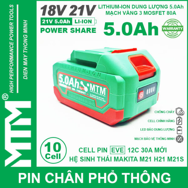 Pin chân phổ thông Makita 18V 21V 5.0Ah 10 cell mạch 80A led báo pin chống sốc - Cell EVE 25P 4