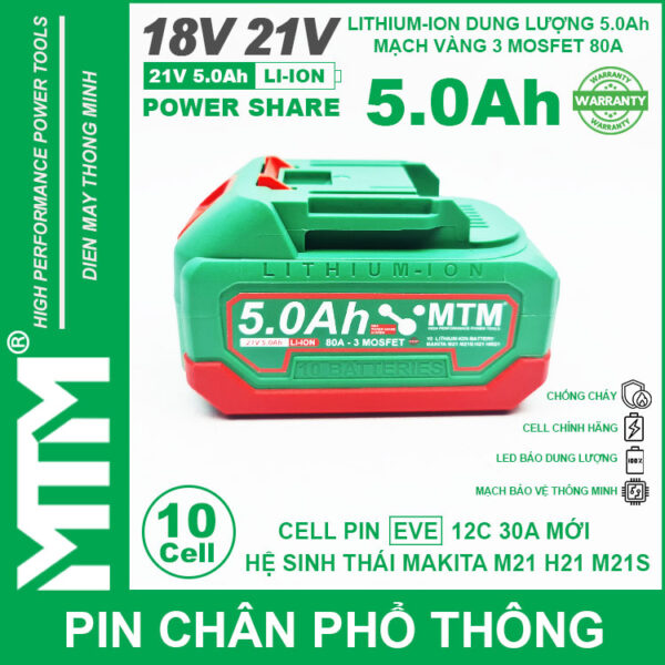 Pin chân phổ thông Makita 18V 21V 5.0Ah 10 cell mạch 80A led báo pin chống sốc - Cell EVE 25P 5