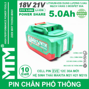 Pin chân phổ thông Makita 18V 21V 5.0Ah 10 cell mạch 80A led báo pin chống sốc - Cell EVE 25P 14