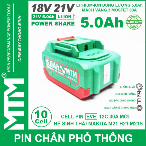 Pin chân phổ thông Makita 18V 21V 5.0Ah 10 cell mạch 80A led báo pin chống sốc - Cell EVE 25P 6