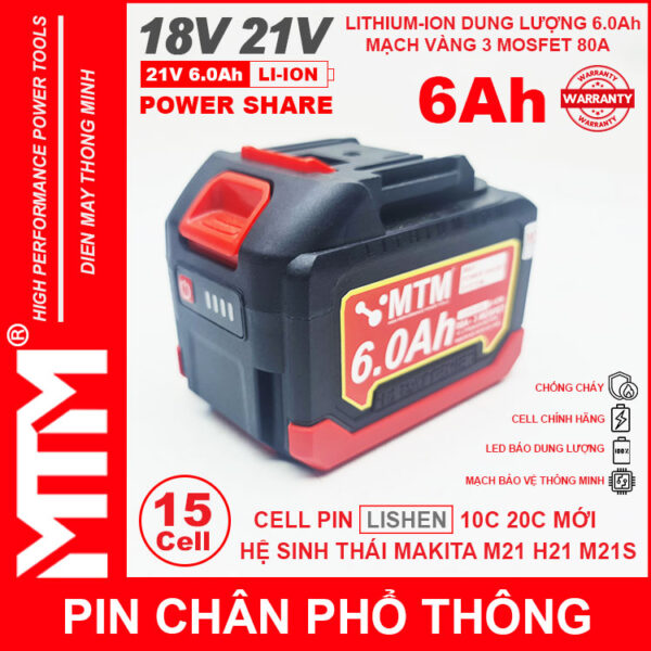 Pin chân phổ thông Makita 18V 21V 6Ah 15cell mạch 80A led báo pin chống sốc - Cell LISHEN 8