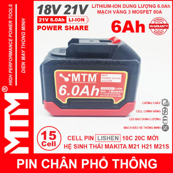 Pin chân phổ thông Makita 18V 21V 6Ah 15cell mạch 80A led báo pin chống sốc - Cell LISHEN 4