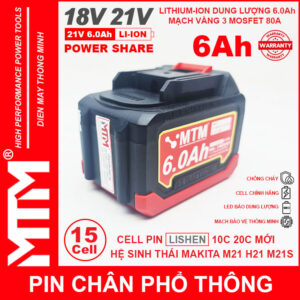 Pin chân phổ thông Makita 18V 21V 6Ah 15cell mạch 80A led báo pin chống sốc - Cell LISHEN 16