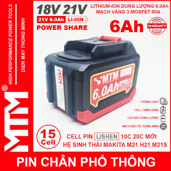 Pin chân phổ thông Makita 18V 21V 6Ah 15cell mạch 80A led báo pin chống sốc - Cell LISHEN 6