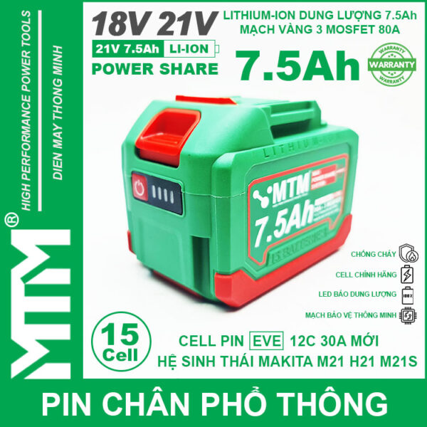 Pin chân phổ thông Makita 18V 21V 7.5Ah 15 cell mạch 80A led báo pin chống sốc - Cell EVE 25P 3