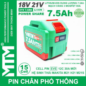 Pin chân phổ thông Makita 18V 21V 7.5Ah 15 cell mạch 80A led báo pin chống sốc - Cell EVE 25P 15