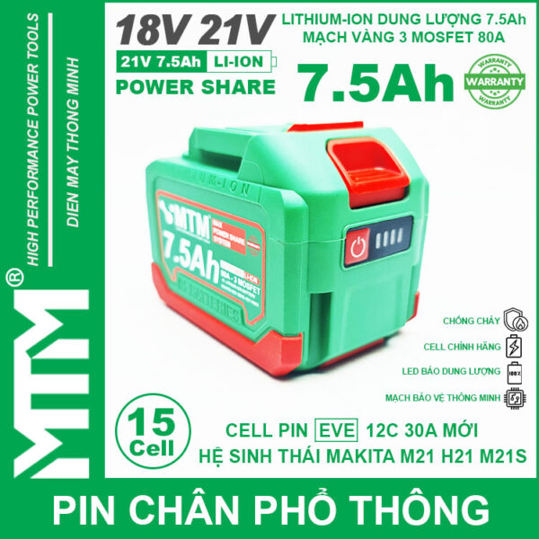 Pin chân phổ thông Makita 18V 21V 7.5Ah 15 cell mạch 80A led báo pin chống sốc - Cell EVE 25P 7