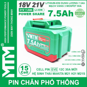 Pin chân phổ thông Makita 18V 21V 7.5Ah 15 cell mạch 80A led báo pin chống sốc - Cell EVE 25P 14