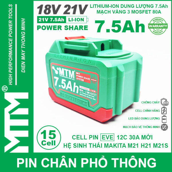 Pin chân phổ thông Makita 18V 21V 7.5Ah 15 cell mạch 80A led báo pin chống sốc - Cell EVE 25P 6