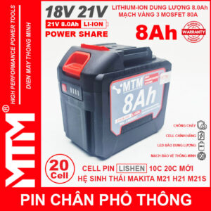 Pin chân phổ thông Makita 18V 21V 8Ah 20cell mạch 80A led báo pin chống sốc - Cell LISHEN 18