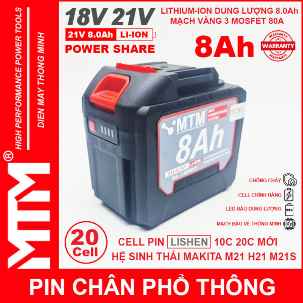 Pin chân phổ thông Makita 18V 21V 8Ah 20cell mạch 80A led báo pin chống sốc - Cell LISHEN 8