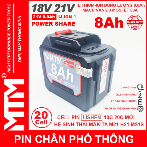 Pin chân phổ thông Makita 18V 21V 8Ah 20cell mạch 80A led báo pin chống sốc - Cell LISHEN 7