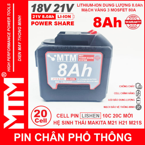 Pin chân phổ thông Makita 18V 21V 8Ah 20cell mạch 80A led báo pin chống sốc - Cell LISHEN 4