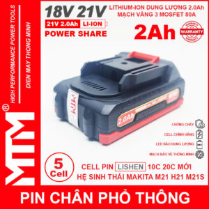 Pin chân phổ thông Makita 18V 21V 2Ah 5cell mạch 80A led báo pin chống sốc - Cell LISHEN 17