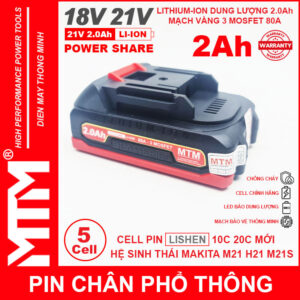 Pin chân phổ thông Makita 18V 21V 2Ah 5cell mạch 80A led báo pin chống sốc - Cell LISHEN 18