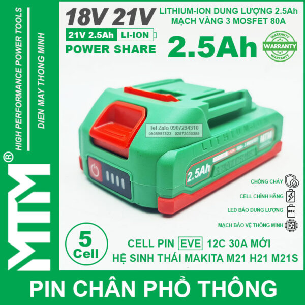 Pin chân phổ thông Makita 18V 21V 2.5Ah 5 cell mạch 80A led báo pin chống sốc - Cell EVE 25P 3